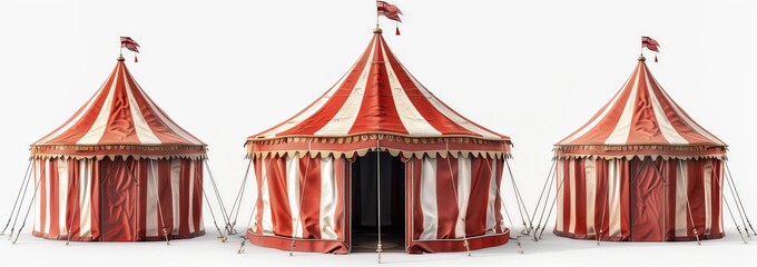 Fototapeta premium Circus tent, front view and side view, white background, hyper realistic
