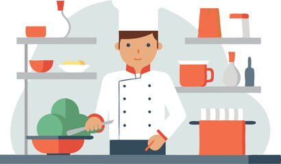 A colorful vector illustration of a chef in a modern kitchen, preparing food using fresh ingredients.