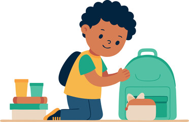 Smiling child packing a school bag with a lunchbox and books, preparing for a school day. Represents organization, preparation, and education.