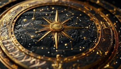 Obraz premium Intricate golden astrological clock with zodiac symbols, beautifully detailed with stars, creating a mystical and timeless design.