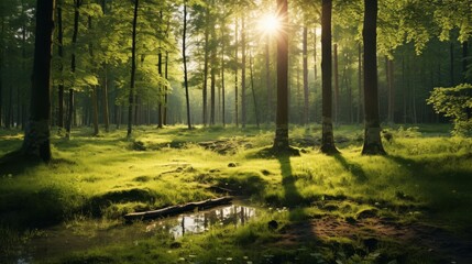 Obraz premium Green grass in a tranquil summer forest at golden hour
