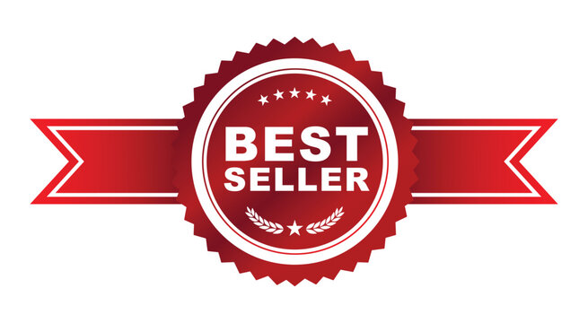 Best seller sticker label, red badge and Horizontal ribbon with Stars and laurel wreath Decoration vector isolated with Premium Quality product, book cover , Premium goods , or website ready to print