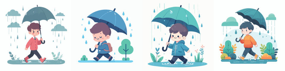 vector set of children walking with umbrellas when it rains