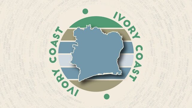 Ivory Coast logo intro. Badge with the circular name and map of the country. Vibrant Ivory Coast round logo animation.