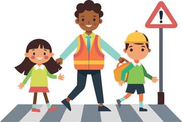 Illustration of a school crossing guard assisting two children cross the street at a pedestrian crossing. Emphasizes safety, community, and care.