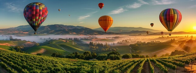 Colorful hot air balloons floating over vineyards in Napa Valley, California at sunrise. A panoramic view