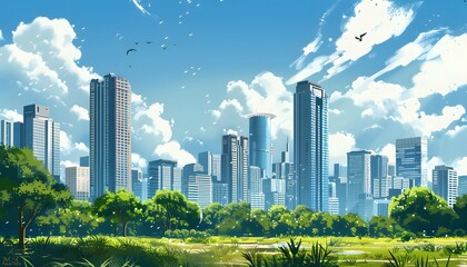 Fototapeta premium Cityscape with Green Park and Birds