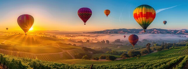 Colorful hot air balloons floating over vineyards in Napa Valley, California at sunrise