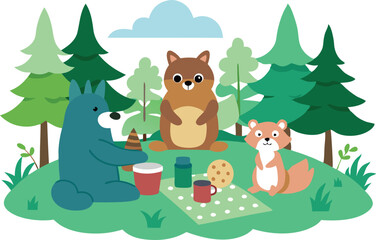 Fototapeta premium Illustration of adorable woodland animals enjoying a picnic in a forest setting with trees, nature, and a serene atmosphere.