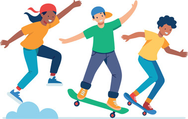 Fototapeta premium Animated illustration of three kids skateboarding together, expressing joy and energy. Perfect for themes of friendship, youth, and outdoor activities.