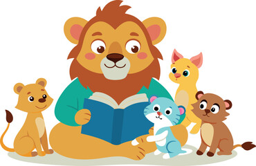Naklejka premium Cartoon of a lion reading a storybook to baby animals including a kitten, cub, puppy, and baby ferret.