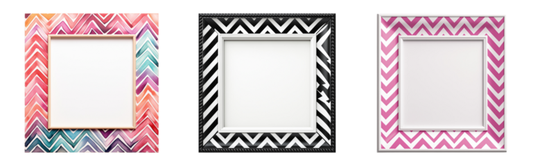 Set of chevron pattern frames. Retro geometric decor collectibles. Isolated on a transparent background.