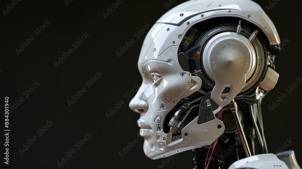 Poster human-like robotic head displaying artificial intelligence features