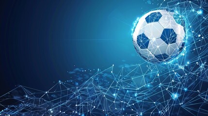 Fototapeta premium A digital representation of a soccer ball with glowing blue network nodes and connections, symbolizing sports technology and the digital age.