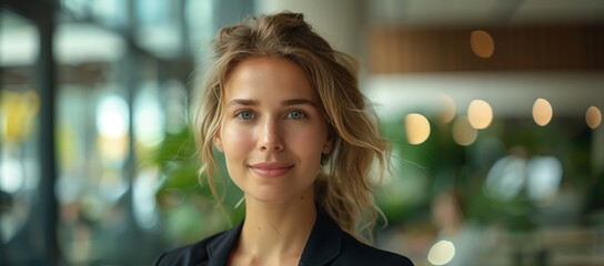 Editorial eye level waist-up shot of a woman business employee in her thirties with a slight smile looking at the camera