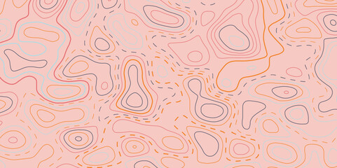 Colorful background of topographic line map. Vector line pattern of wood rings contour. The concept of a conditional geography scheme and the terrain path. Vector illustration.