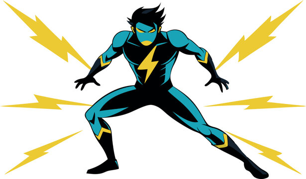 Vector illustration of a dynamic superhero character with electric powers, striking an action pose with yellow lightning bolts on a white background.