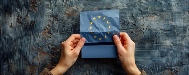 Hand putting paper with European flag into blue ballot box, in the style of European Union concept