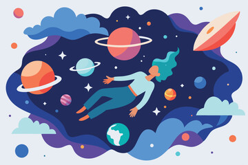 Obraz premium Surreal illustration showing a woman floating in space, surrounded by planets, stars, and galaxies. Perfect for concepts of imagination, dreams, and exploration.