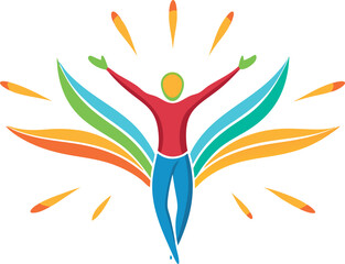 Vibrant abstract illustration of a person with raised arms, representing joy, creativity, and celebration in a colorful design on a white background.