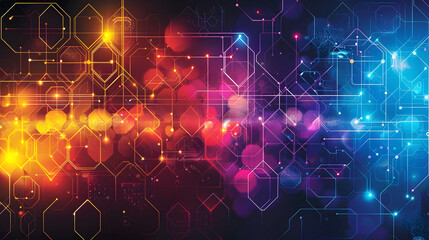 Vibrant prismatic hexagonal backdrop in a spectrum of colors featuring a collage of healthcare related icons and symbols conveying a sense of innovation discovery