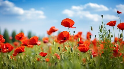 Idyllic summer field with blooming poppies and green grass, serene atmosphere, bright day
