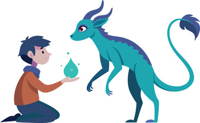 A whimsical illustration depicting a young boy interacting with a magical dragon creature, symbolizing fantasy, imagination, and connection.