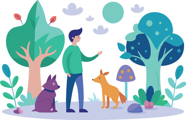 Obraz premium Illustration of a man with two dogs in a cute forest. Ideal for nature, pets, and outdoor themes.