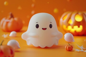 Cute Halloween theme, There are ghost, pumpkin, Cartoon, Simplicity and orange background. 