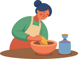 A colorful illustration of a woman baking at home, mixing ingredients in a bowl with a peaceful expression.
