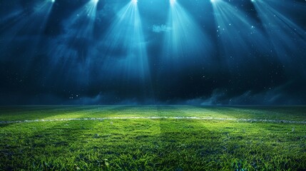 A mesmerizing view from midfield of an empty sports field under bright lights at night, highlighting the lush green grass and peaceful ambiance of the deserted arena.
