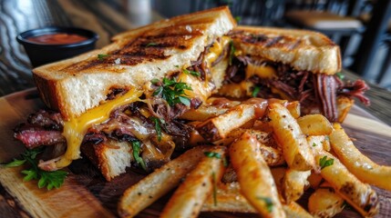 cheesy and delicious grilled cheese with short rib and brisket with a side of fries at new american restaurant