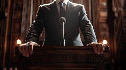 A man a lawyer politician businessman or official speaks leaning his hands on a podium or pulpit Official statement Orator speaker or interviewee No face