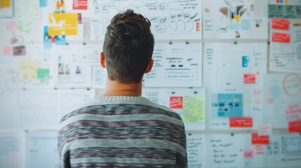 A person stands with their back to the camera, intensely surveying a wall filled with design sketches and plans, conveying creativity and meticulous design studies.