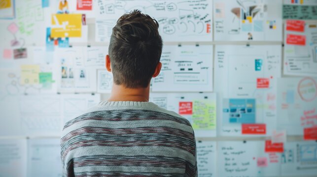 A person stands with their back to the camera, intensely surveying a wall filled with design sketches and plans, conveying creativity and meticulous design studies.