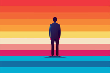 Illustration of a man in silhouette standing before a vibrant striped background, representing individuality, contemplation, and creativity