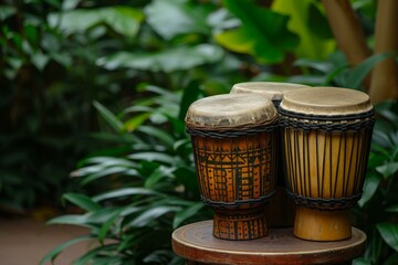 Pair of ornate african djembe drums against a backdrop of vibrant green foliage