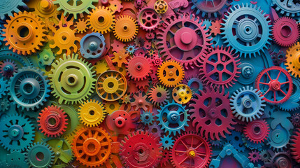 A colorful wall covered in gears and cogs in various sizes.