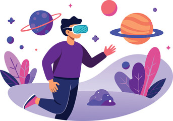Illustration of a man using a virtual reality headset, exploring outer space in a colorful and imaginative digital environment with planets and foliage.
