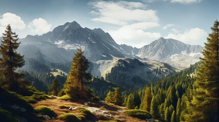 Obraz premium Lush green pine trees covering a high mountain ridge in autumn