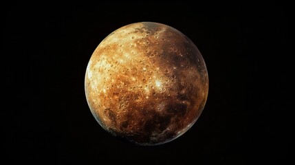 A detailed close-up of a planet showcasing its cratered surface, set against a black background. This image highlights the planet's texture and geological features.