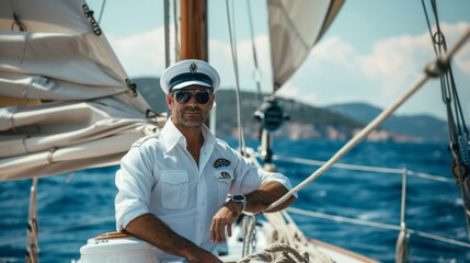 Photo of a seasoned captain sailing on a big white luxurious sailboat in the middle of Mediterranean Sea.