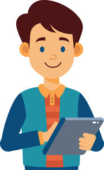 A cheerful boy holding a tablet in his hands, engaging with technology for learning or entertainment purposes.