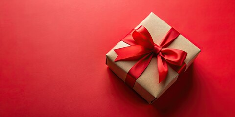 Obraz premium Gift box with a bow and red ribbon on a red background , present, surprise, celebration, birthday, holiday, Christmas