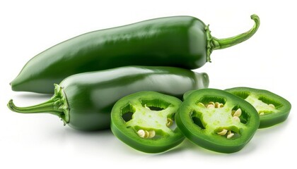 Jalapeno peppers isolated on white background food photography. Green chili pepper with clipping path on white