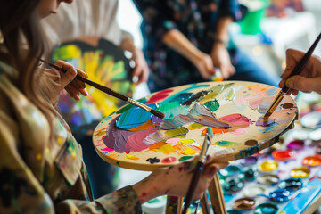 Friends attending an art class, each focused on their canvas with paint palettes and brushes in hand, colorful artwork in progress