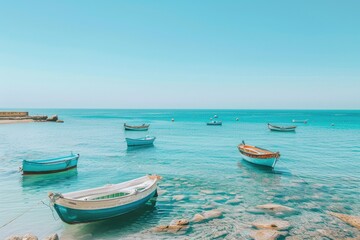 Naklejka premium Tranquil Mediterranean Seascape with Moored Boats - Perfect for Travel and Nature Prints