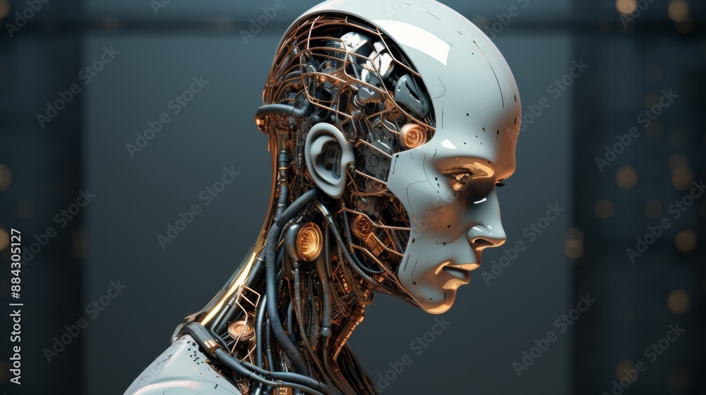 Poster metallic humanoid head with ai brain representation