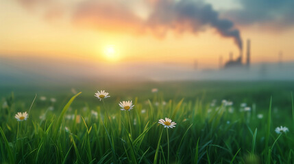 Naklejka premium A field of daisies at sunrise with a factory emitting smoke in the background, showcasing a stark contrast between nature and industry.
