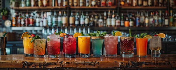 Obraz premium Colorful array of cocktails on a bar counter, highlighting mixology and social drinking